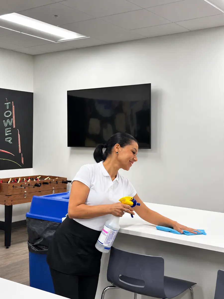 Breakroom counters being disinfected
